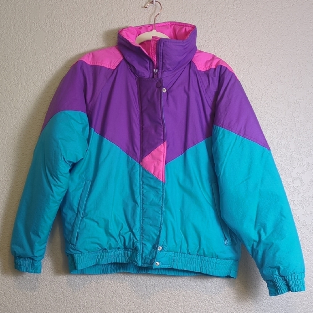 Grand Targhee vintage blue purple pink colorblock collared zip button ski jacket
